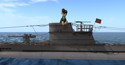 Size: 1460x763 | Tagged: artist needed, safe, pony, unicorn, 3d, balkenkreuz, boat, censored swastika, clothes, female, flag, german, gun, horn, kriegsmarine, machine gun, mare, military, navy, ocean, outdoors, second life, sitting, sky, submarine, u-boat, vehicle, water, weapon, world war ii