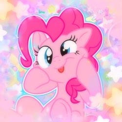 Size: 736x736 | Tagged: safe, artist:glamourkat, artist:lugiaangel, edit, editor:bl0gy, pinkie pie, earth pony, pony, g4, abstract background, cute, diapinkes, female, hooves on cheeks, solo, squishy cheeks, stars, tongue out