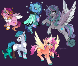 Size: 2864x2430 | Tagged: safe, artist:emera33, hitch trailblazer, misty brightdawn, pipp petals, princess flurry heart, sparky sparkeroni, sunny starscout, alicorn, butterfly, dog, earth pony, pegasus, pony, unicorn, g4, g5, :3, alternate design, alternate universe, amputee, behaving like a dog, cape, chest fluff, chest marking, clothes, coat markings, dogified, ear scratch, evil flurry heart, floppy ears, frown, gradient mane, gritted teeth, heart, heart mark, high res, horn, missing limb, older, older flurry heart, one eye closed, prosthetic leg, prosthetic limb, prosthetics, purple background, race swap, signature, simple background, species swap, standing on two hooves, sunnycorn, teeth, unshorn fetlocks