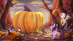 Size: 4096x2304 | Tagged: safe, artist:astrumaura, applejack, fluttershy, pinkie pie, rainbow dash, rarity, twilight sparkle, earth pony, pegasus, pony, unicorn, g4, applebutt, autumn, butt, clearing, falling leaves, female, flutterbutt, flying, forest, giant food, halloween, halloween 2024, high res, holiday, horn, leaves, mane six, mare, nature, open mouth, open smile, outdoors, plot, pumpkin, rearity, signature, smiling, tree, twibutt, unicorn twilight, wallpaper, waving