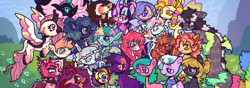 Size: 4000x1407 | Tagged: safe, artist:onionpwder, oc, oc only, oc:ace glimmerfall, oc:chook, oc:confetti core, oc:delorean, oc:disaster squish, oc:heirloom, oc:honey, oc:interrobang, oc:lemony luxe, oc:midnight dew, oc:murmurs, oc:nebula, oc:paper fiesta, oc:razzberry heartbeat, oc:scruffy, oc:sea dream, oc:sketchy idea, oc:softheart, oc:sunrise, oc:sweet treats, oc:twilight starfall twinkle, oc:twinkle, alicorn, alpaca, bat pony, breezie, bug pony, changeling, changepony, draconequus, earth pony, food pony, griffon, hybrid, insect, kirin, pegasus, pony, sheep, sheep pony, unicorn, winged kirin, wingless bat pony, alicorn oc, back scar, bald face, bandage, bandaged neck, bangs, bat pony oc, beak, beauty mark, big mane, black body, black coat, blaze (coat marking), blue coat, blue eyes, blue pupils, blue wingtips, blushing, body markings, body scar, braid, breezie oc, brown fur, brown hooves, brown pupils, bust, changeling hybrid, changeling oc, cheek fluff, chest fluff, claws, clone, clone oc, clothes, coat markings, collar, colored claws, colored ears, colored eartips, colored eyebrows, colored eyelashes, colored hooves, colored horns, colored muzzle, colored pinnae, colored sclera, colored wings, colored wingtips, cream coat, curly mane, curved horn, curved horns, dark muzzle, demigirl, draconequus oc, ear fluff, ear markings, ear piercing, ear tufts, earring, earth pony oc, eye clipping through hair, eye markings, eyebrows, eyebrows visible through hair, eyelashes, eyeshadow, facial markings, fangs, feather, female, female oc, floppy ears, flowing mane, fluffy, flying, food, freckles, gauges, gay pride flag, glasses, glasses chain, gradient ears, gradient horn, gradient legs, gradient muzzle, gray eyes, green eyes, green eyeshadow, green hooves, green mane, green pupils, green tail, griffon hybrid, group, hair bun, hair over eyes, hair tie, heart ears, height difference, hooves, horn, horns, insect wings, jewelry, kinsona, kirin horn, kirin hybrid, leaf on head, leg markings, leonine tail, lidded eyes, light blue coat, long hair, long horn, long mane, long tail, looking at each other, looking at someone, looking back, makeup, male, mandibles, mane tie, mare oc, mealy mouth (coat marking), mirror pool clone, mismatched legs, multicolored eyes, multicolored mane, multicolored tail, multicolored wings, multicolored wingtips, neck ribbon, nonbinary, nonbinary oc, nose piercing, nose ring, open mouth, open smile, orange coat, orange eyes, orange eyeshadow, orange mane, outdoors, pegasus oc, piercing, pink body, pink changeling, pink coat, pink eyes, pink hair, pink pupils, pink tail, ponified, ponysona, ponytail, pride, pride flag, profile, purple coat, purple eyes, purple mane, purple pupils, purple sclera, rainbow eyes, rainbow tail, raised claw, raised hoof, red coat, red eyelashes, red eyes, red pupils, red sclera, red wings, round glasses, scar, scarf, septum piercing, shaggy mane, sidebangs, size difference, slit pupils, small wings, smiling, smiling at each other, snip (coat marking), socks (coat markings), sparkles, sparkly wings, spiked collar, spiky mane, spread wings, star (coat marking), striped horn, striped mane, striped wings, stripes, tail, three toned ears, three toned mane, tied mane, tomato pony, torn ear, trans male, transgender, transgender oc, transgender pride flag, turned head, two toned horn, two toned mane, unicorn oc, vest, wall of tags, white mane, wing claws, wing markings, wing stripes, wingless, wings, yellow coat, yellow eyes, yellow sclera