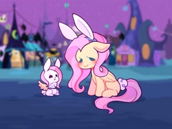 Size: 2662x2001 | Tagged: safe, artist:radiant_toast, angel bunny, fluttershy, pegasus, pony, rabbit, g4, angel bunny is not amused, animal, animal costume, blurry background, blushing, bunny costume, bunny ears, bunny tail, bunnyshy, clothes, costume, crossed arms, duo, duo male and female, fake wings, female, floppy ears, high res, male, mare, missing cutie mark, nightmare night, outdoors, pony costume, ponyville, sitting, smiling, tail, unamused, wig