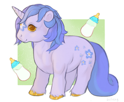 Size: 1318x1086 | Tagged: oc name needed, safe, artist:dietolog, oc, pony, unicorn, g1, baby, baby bottle, baby pony, full body, horn, passepartout, solo