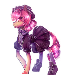 Size: 998x1000 | Tagged: safe, artist:melod-va, earth pony, pony, clothes, dress, hat, shoes, simple background, smiling, solo, stockings, tail, tail wrap, thigh highs, thin, white background