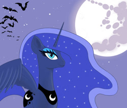 Size: 1000x851 | Tagged: safe, artist:count oxymagomedov sear, derpibooru exclusive, princess luna, alicorn, bat, pony, mlp fim's fourteenth anniversary, g4, ethereal mane, halloween, holiday, looking at you, moon, outdoors, solo