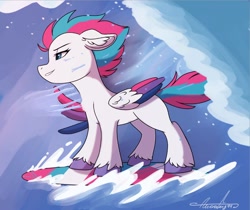 Size: 982x826 | Tagged: safe, artist:aurorafang, zipp storm, pegasus, pony, g5, ear fluff, female, floppy ears, folded wings, mare, outdoors, solo, standing, surfboard, surfing, tail, unshorn fetlocks, water, windswept mane, windswept tail, wings