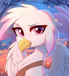 Size: 2692x2964 | Tagged: safe, artist:fensu-san, princess celestia, oc, oc only, oc:graciella, griffon, g4, bust, cute, female, griffon oc, griffonized, high res, looking at you, ocbetes, portrait, pretty, satchel, solo, species swap