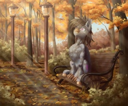 Size: 2048x1703 | Tagged: safe, artist:querisyart, oc, oc only, oc:luxor, classical hippogriff, hippogriff, autumn, bench, chest fluff, crepuscular rays, digital art, hippogriff oc, leaves, outdoors, sitting, solo, streetlight, tree