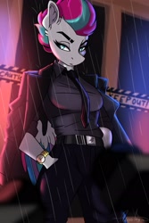 Size: 1567x2351 | Tagged: safe, artist:aurorafang, zipp storm, pegasus, anthro, g5, clothes, ear fluff, female, hand in pocket, jacket, necktie, outdoors, rain, solo, wristband