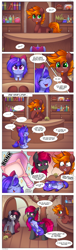 Size: 4575x15000 | Tagged: safe, artist:madelinne, oc, oc only, oc:darklight (xiimyr), oc:madelinne, oc:neon shift, oc:qular, bat pony, earth pony, pony, unicorn, bat pony oc, bat wings, book, bookshelf, comic, dialogue, earth pony oc, female, flattened, food, hammer, horn, indoors, male, mare, potion, stallion, strawberry, wings