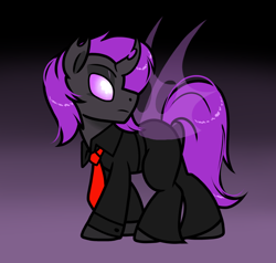 Size: 1000x950 | Tagged: safe, artist:paperbagpony, oc, oc only, oc:tlas ii, changeling, clothes, gradient background, necktie, pants, purple changeling, shirt, solo