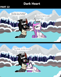 Size: 1920x2432 | Tagged: safe, artist:platinumdrop, king sombra, princess flurry heart, alicorn, pony, unicorn, comic:dark heart, g4, 2 panel comic, alternate timeline, bandage, blood, blushing, comic, commission, crown, crystal, crystal empire, cuddling, dark crystal, dialogue, evil flurry heart, female, flirting, folded wings, horn, hot springs, husband and wife, injured, jewelry, looking at each other, looking at someone, male, mare, mountain, mountain range, older, older flurry heart, onsen, open mouth, open smile, outdoors, regalia, rock, ship:flurrybra, shipping, sitting, smiling, smiling at someone, snow, snuggling, speech bubble, stallion, straight, towel, victorious villain, wings