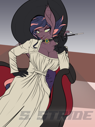 Size: 3728x5000 | Tagged: safe, artist:shade stride, oc, oc only, oc:adair affair, bat pony, anthro, bat pony oc, choker, clothes, costume, couch, dress, gloves, halloween, halloween costume, hat, lady dimitrescu, sitting, solo, watermark