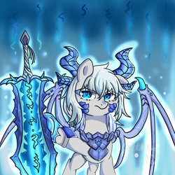 Size: 4096x4096 | Tagged: safe, artist:dw_atias, oc, oc only, oc:nightscale, dracony, hybrid, female, frostmourne, halloween, halloween 2024, holiday, solo, solo female, sword, warcraft, weapon, world of warcraft