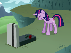 Size: 1024x768 | Tagged: artist needed, source needed, safe, twilight sparkle, pony, unicorn, g4, crying, female, floppy ears, gravestone, mare, outdoors, prpg, sad, solo, unicorn twilight