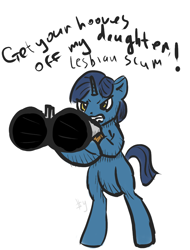 Size: 946x1244 | Tagged: artist needed, source needed, safe, night light, pony, unicorn, g4, bipedal, double barreled shotgun, english, gun, homophobia, horn, prpg, shotgun, simple background, solo, text, weapon, white background