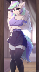 Size: 2768x5017 | Tagged: safe, artist:fensu-san, oc, oc only, oc:storm feather, pegasus, anthro, adorasexy, arm under breasts, big breasts, blushing, bra, bra strap, breasts, cleavage, clothes, commission, crepuscular rays, curvy, cute, digital art, ear fluff, eyebrows, eyebrows visible through hair, female, legs, looking at you, mare, miniskirt, mirror, moe, ocbetes, off shoulder, partially open wings, pegasus oc, reflection, rule 63, sexy, shirt, signature, skirt, smiling, smiling at you, socks, solo, stockings, tail, thigh highs, thighs, underwear, wings, zettai ryouiki