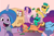 Size: 2084x1388 | Tagged: safe, artist:prixy05, hitch trailblazer, izzy moonbow, misty brightdawn, pipp petals, sparky sparkeroni, sunny starscout, zipp storm, dragon, earth pony, pegasus, pony, unicorn, g5, my little pony: tell your tale, baby, baby dragon, belly, box, cardboard box, draw the squad, female, horn, jail, make it rain, male, mane five, mane seven (g5), mane six (g5), mane stripe sunny, mare, microphone, money, monopoly, rebirth misty, show accurate, stallion, sunglasses, sunny starscout is not amused, unamused, zipp storm is not amused