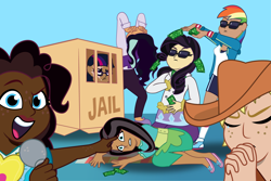 Size: 2084x1388 | Tagged: safe, artist:prixy05, applejack, fluttershy, pinkie pie, rainbow dash, rarity, starlight glimmer, twilight sparkle, human, g4, g5, my little pony: tell your tale, box, cardboard box, clothes, dark skin, draw the squad, female, humanized, light skin, mane six, microphone, moderate dark skin, money, shoes, sunglasses