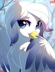 Size: 3824x4960 | Tagged: safe, artist:fensu-san, oc, oc only, oc:glaucous, griffon, blurry background, bust, chest fluff, commission, cute, digital art, eyeshadow, female, griffon oc, looking at you, makeup, portrait, signature, smiling, smiling at you, snow, snowfall, solo, wings