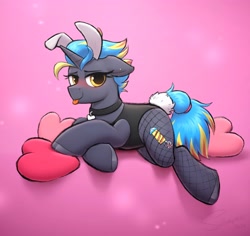 Size: 3363x3177 | Tagged: safe, artist:selenophile, oc, oc only, pony, unicorn, :p, bunny ears, clothes, collar, crossdressing, fishnet clothing, fishnet stockings, heart, heart pillow, horn, leotard, male, pillow, solo, stallion, stockings, thigh highs, tongue out, unicorn oc