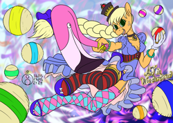 Size: 1500x1065 | Tagged: safe, artist:sepiakeys, applejack, bird, flamingo, anthro, unguligrade anthro, g4, alice in wonderland, bloomers, clothes, croquet, dress, fishnet clothing, fishnet stockings, garter belt, socks, solo, stockings, striped socks, thigh highs