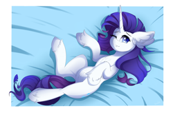 Size: 6000x4000 | Tagged: safe, artist:natanvok, rarity, pony, unicorn, g4, absurd resolution, bed, belly, belly fluff, chest fluff, ear fluff, female, fluffy, hoof fluff, horn, looking sideways, lying down, lying on bed, mare, on back, on bed, one eye closed, raised hoof, smiling, solo, tail, unshorn fetlocks, wink