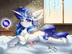 Size: 4000x3000 | Tagged: safe, artist:natanvok, oc, oc only, pony, unicorn, blushing, cheek fluff, chest fluff, dock, ear fluff, eyebrows, eyebrows visible through hair, floral head wreath, flower, hoof fluff, horn, indoors, looking at you, lying down, not rarity, one eye closed, palindrome get, prone, smiling, smiling at you, solo, sploot, string lights, tail, unicorn oc, window, wink, winking at you