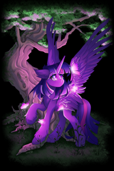 Size: 3000x4500 | Tagged: safe, artist:natanvok, twilight sparkle, alicorn, butterfly, pony, g4, chest fluff, ear fluff, feather, high res, hoof fluff, horn, large wings, raised hoof, solo, spread wings, standing, tree, twilight sparkle (alicorn), wings