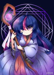 Size: 4200x5800 | Tagged: safe, artist:natanvok, twilight sparkle, human, g4, absurd resolution, angry, clothes, eye clipping through hair, eyebrows, eyebrows visible through hair, female, humanized, kimono (clothing), solo, staff