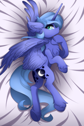 Size: 3000x4500 | Tagged: safe, artist:natanvok, princess luna, alicorn, pony, g4, body pillow, body pillow design, chest fluff, ear fluff, featureless crotch, hoof fluff, horn, indoors, leg fluff, lying down, missing accessory, on side, partially open wings, s1 luna, solo, tail, underhoof, wings