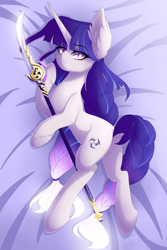 Size: 4000x6000 | Tagged: safe, artist:natanvok, pony, unicorn, butt, dock, ear fluff, eyebrows, eyebrows visible through hair, featureless crotch, genshin impact, hoof fluff, horn, lying down, naginata, on side, plot, ponified, raiden shogun (genshin impact), solo, tail