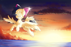 Size: 6000x4000 | Tagged: safe, artist:natanvok, songbird serenade, pegasus, pony, g4, my little pony: the movie, absurd resolution, bow, female, flying, grin, hair bow, hoof fluff, mare, outdoors, sky, smiling, solo, spread wings, unshorn fetlocks, water, wings