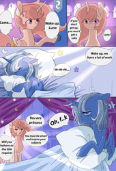 Size: 1000x1471 | Tagged: safe, artist:阿狼与甜食, edit, editor:klonray, princess celestia, princess luna, alicorn, pony, comic:epoch(eng), g4, bed, blanket, comic, duo, duo female, eye clipping through hair, eyes closed, female, floppy ears, folded wings, hoof hold, indoors, open mouth, pillow, pink-mane celestia, sleeping, spread wings, translation, translator:shaddar, translator:wing regent, wings, young celestia, young luna