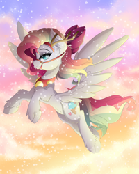 Size: 4800x6000 | Tagged: safe, artist:natanvok, oc, oc only, oc:sky sorbet, pegasus, pony, absurd resolution, bow, female, flying, hair bow, hoof fluff, mare, snow, snowfall, solo, spread wings, wings