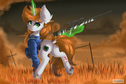 Size: 6000x4000 | Tagged: safe, artist:natanvok, oc, oc only, oc:littlepip, pony, unicorn, fallout equestria, bandage, butt, clothes, dock, ear fluff, featureless crotch, female, glowing, glowing horn, gun, horn, levitation, magic, magic aura, mare, outdoors, pipbutt, plot, power line, raised hoof, raised leg, rifle, sniper rifle, solo, standing on two hooves, tail, telekinesis, weapon, zebra rifle