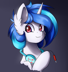 Size: 2893x3092 | Tagged: safe, artist:natanvok, dj pon-3, vinyl scratch, pony, unicorn, g4, bust, cute, ear fluff, female, gradient background, headphone jack, headphones, horn, looking at you, mare, missing accessory, portrait, simple background, smiling, smiling at you, solo, vinylbetes