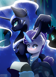 Size: 4000x5500 | Tagged: safe, artist:natanvok, nightmare moon, rarity, alicorn, pony, unicorn, g4, alternate hairstyle, alternate timeline, duo, duo female, ear fluff, fangs, feather fingers, female, glowing, glowing horn, horn, levitation, magic, magic aura, night maid rarity, nightmare takeover timeline, slit pupils, telekinesis, wing hands, wings