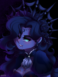 Size: 4320x5680 | Tagged: safe, artist:natanvok, princess luna, human, g4, abstract background, big breasts, blood, breasts, busty princess luna, clothes, crown, dripping blood, ear piercing, earring, humanized, jewelry, looking away, one eye closed, piercing, pony coloring, regalia, solo