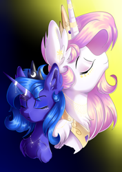 Size: 2893x4092 | Tagged: safe, artist:natanvok, princess celestia, princess luna, alicorn, pony, g4, bust, crown, duo, duo female, eyes closed, female, gradient background, horn, horn jewelry, jewelry, necklace, peytral, pink-mane celestia, portrait, regalia, royal sisters, siblings, sisters, younger