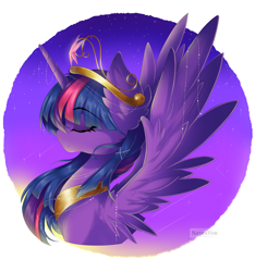 Size: 5615x6000 | Tagged: safe, artist:natanvok, twilight sparkle, alicorn, pony, g4, bust, crown, element of magic, eyebrows, eyebrows visible through hair, eyes closed, horn, jewelry, peytral, portrait, profile, regalia, solo, spread wings, stars, twilight sparkle (alicorn), wings