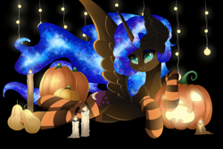 Size: 6000x4000 | Tagged: safe, artist:natanvok, nightmare moon, princess luna, alicorn, pony, g4, candle, clothes, halloween, holiday, jack-o-lantern, lying down, prone, pumpkin, socks, solo, stockings, striped socks, thigh highs