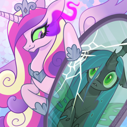 Size: 1280x1280 | Tagged: safe, artist:syrikatgrubiyana, princess cadance, queen chrysalis, alicorn, changeling, changeling queen, pony, g4, cracked, crown, duo, duo female, evil cadance, female, hoof shoes, jewelry, mare, mirror, regalia, revenge, sombra eyes, trapped