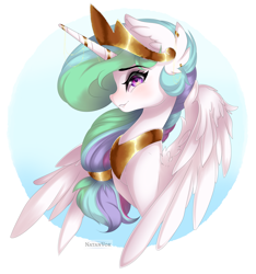 Size: 5615x6000 | Tagged: safe, artist:natanvok, princess celestia, alicorn, pony, g4, blushing, bust, crown, ear fluff, horn, jewelry, peytral, portrait, profile, regalia, solo, wings