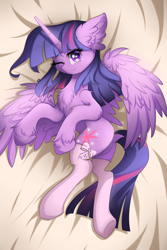 Size: 3000x4500 | Tagged: safe, artist:natanvok, twilight sparkle, alicorn, pony, g4, backwards cutie mark, bed, body pillow, body pillow design, butt, chest fluff, clothes, dock, ear fluff, featureless crotch, female, hoof fluff, horn, indoors, looking at you, lying down, mare, on side, one eye closed, plot, smiling, smiling at you, socks, solo, sparkles, sparkly eyes, spread wings, tail, twibutt, twilight sparkle (alicorn), unshorn fetlocks, wing fluff, wingding eyes, wings, wink, winking at you