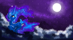 Size: 5210x2880 | Tagged: safe, artist:natanvok, princess luna, alicorn, pony, g4, cloud, constellation, constellation hair, ethereal mane, ethereal tail, female, full moon, galaxy mane, horn, looking back, looking up, mare, missing accessory, missing cutie mark, moon, night, night sky, on a cloud, outdoors, sky, solo, starry tail, stars, tail, windswept mane, wingless