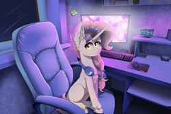 Size: 4500x3000 | Tagged: oc name needed, safe, artist:natanvok, oc, oc only, pony, unicorn, bookshelf, chair, clock, computer, computer mouse, computer screen, digital clock, ear fluff, evening, female, headphones, headset, horn, indoors, keyboard, long horn, looking at you, mare, microphone, mousepad, office chair, side view, sitting, solo, sticky note, unicorn oc, unshorn fetlocks, yellow eyes