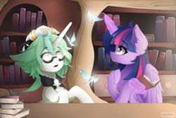 Size: 6000x4000 | Tagged: safe, artist:natanvok, twilight sparkle, alicorn, pony, unicorn, g4, book, bookshelf, duo, duo female, ear fluff, eyebrows, eyebrows visible through hair, female, genshin impact, glowing, glowing horn, golden oaks library, horn, indoors, levitation, magic, magic aura, mare, open mouth, ponified, sucrose (genshin impact), telekinesis, twilight sparkle (alicorn)