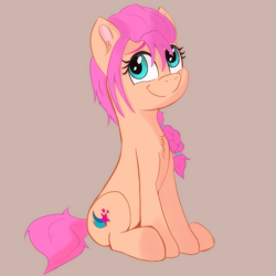 Size: 1491x1491 | Tagged: safe, artist:psfmer, sunny starscout, earth pony, pony, g5, braid, brown background, chest fluff, ear fluff, female, mare, simple background, sitting, smiling, solo, tail