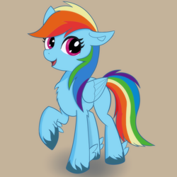 Size: 1584x1584 | Tagged: safe, artist:psfmer, rainbow dash, pegasus, pony, g4, chest fluff, female, folded wings, mare, open mouth, open smile, raised hoof, smiling, solo, tail, unshorn fetlocks, wings